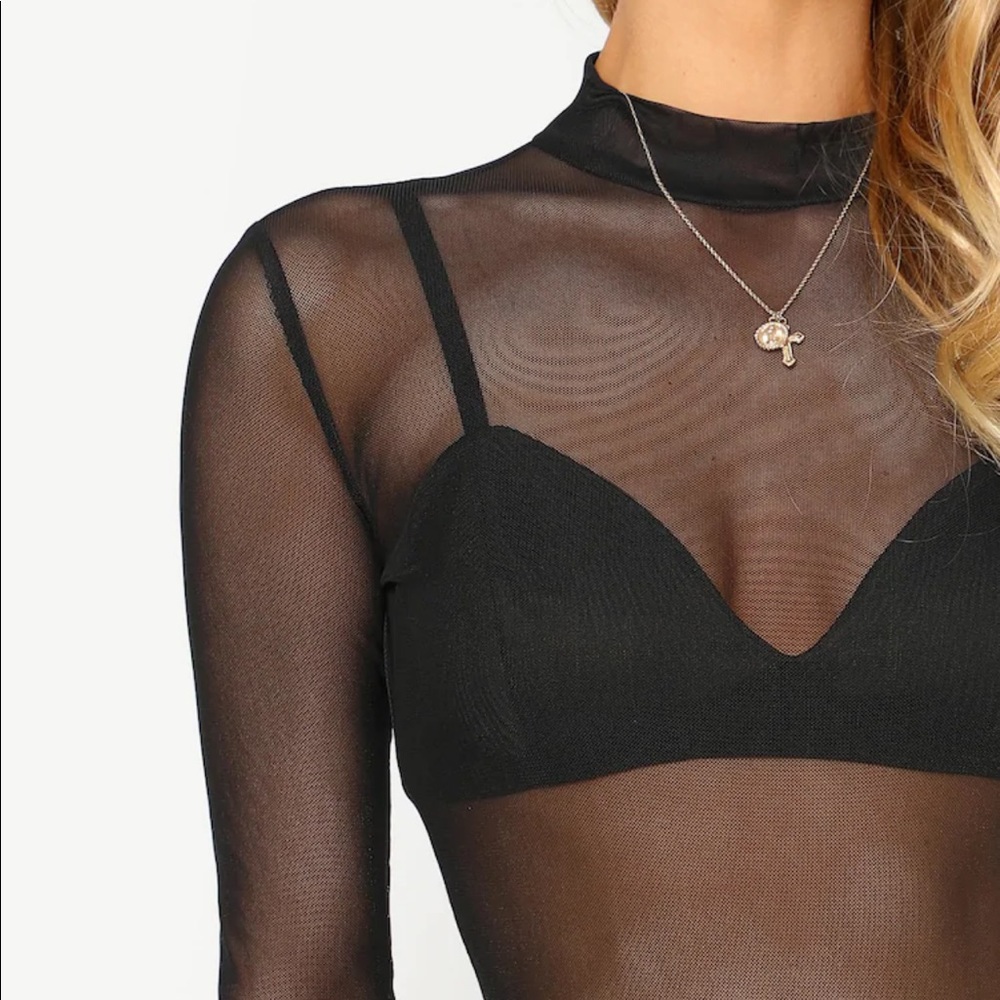 LAST ONE Mesh Mock Neck Bell Sleeve Body Suit - Picture 3 of 8